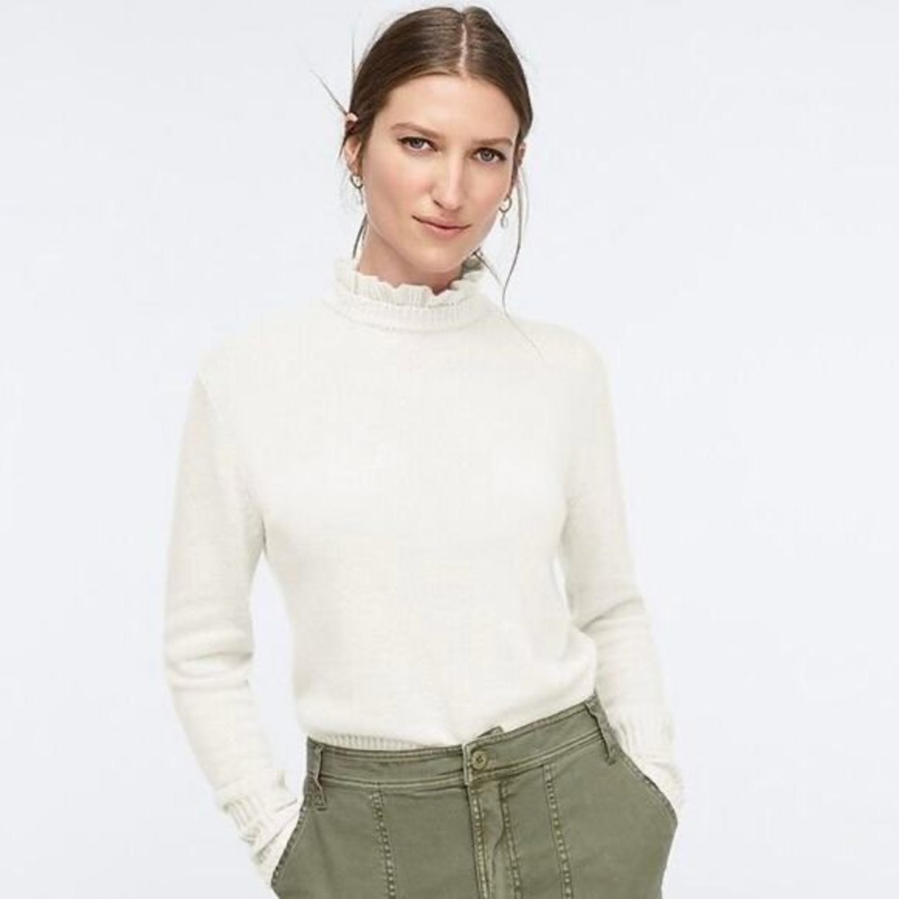 J. Crew Women's‎ Cream Ruffle Neck Wool Blend Textured Knit Sweater- Size XS